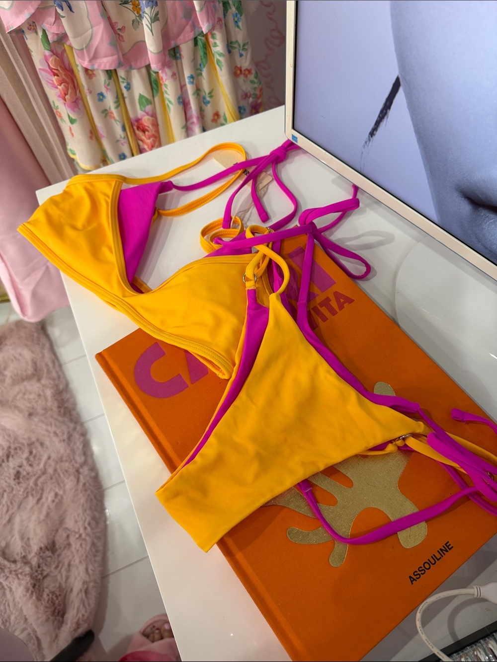 Women’s Two-Tone Yellow & Fuchsia Tie-Side Bikini